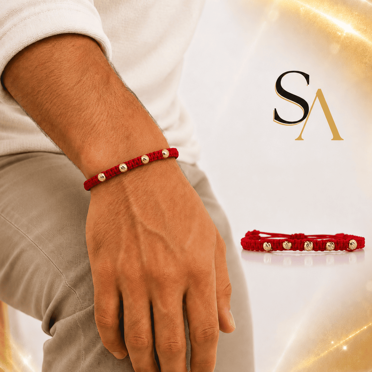 Pulso rojo tejido 4 mm 5 Balines Diamantados Oro Amarillo 18K