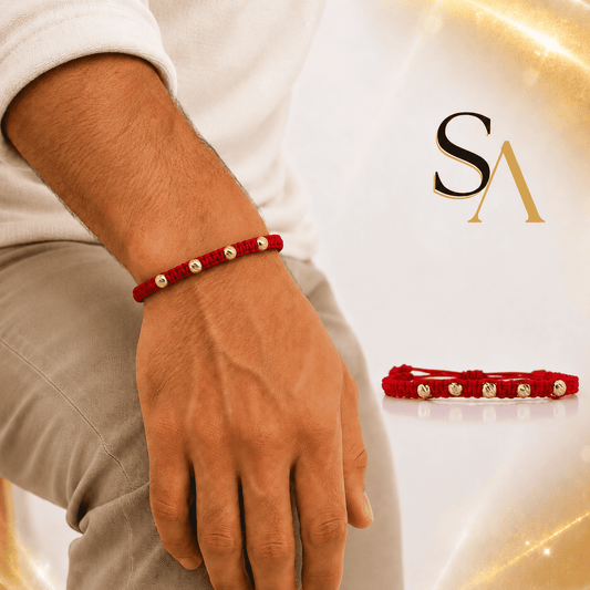 Pulso rojo tejido 4 mm 5 Balines Diamantados Oro Amarillo 18K