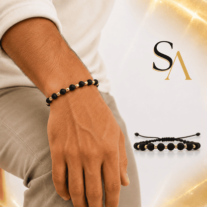 Pulso Negro tejido 3mm 8 Balines Oro Amarillo 18K